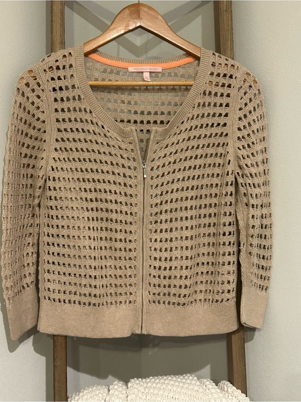 Victoria's Secret Taupe Openwork Zip Cardigan with Coral Trim